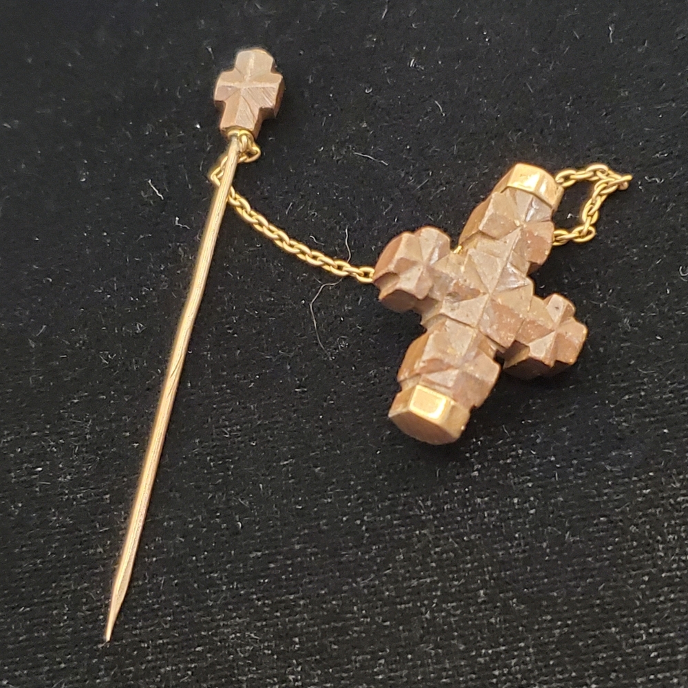 10k Rose Gold Victorian Gutapercha Carved Double Cross Mourning Brooch Gothic